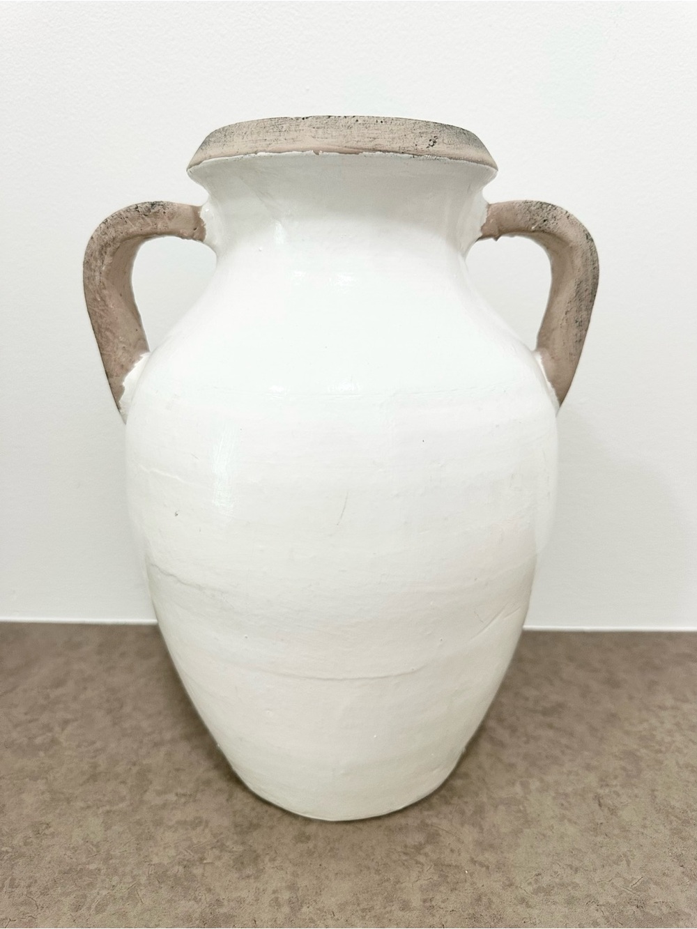 White Ceramic Double-Handled Urn Vase with Tan Rustic Loop Handle Accents 12.5”